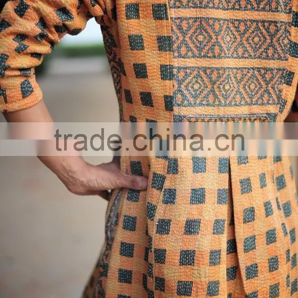 Vintage Kantha Long Jacket in Burnt Orange & Black ~ Medium photo-2