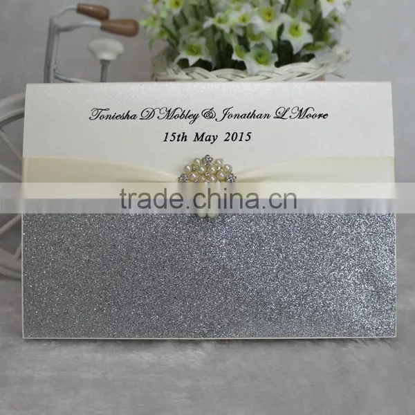 2016 Handmade Silver Glitter Paper Luxury Brooch Wedding Invitation Cards photo-2