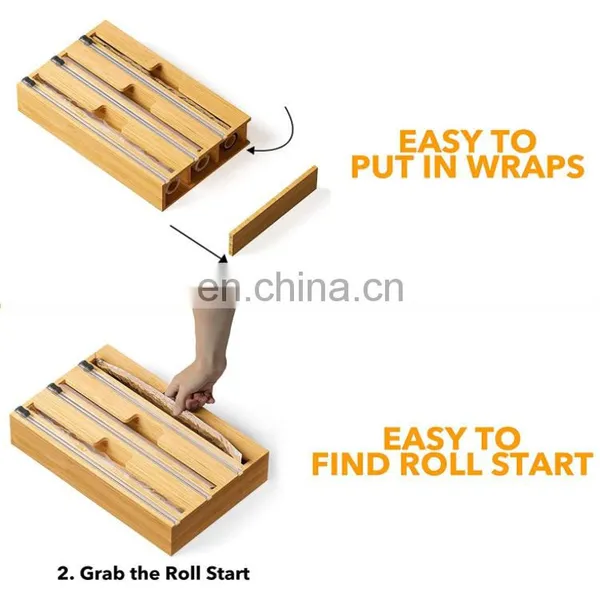 Eco-friendly Bamboo 3 in 1 Foil and Plastic Wrap Dispenser With Slide Cutter Wall Mount Kitchen Tabletop Home Storage Organizer photo-3