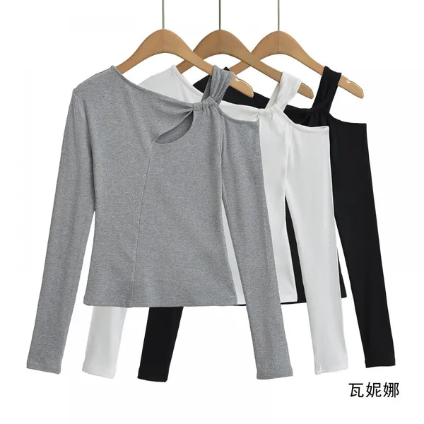 European/American Style Pure Erotic Short-sleeved Long-sleeved Top With Shoulder Slit, Matching Shoulder Undergarment, Casual T-shirt photo-2