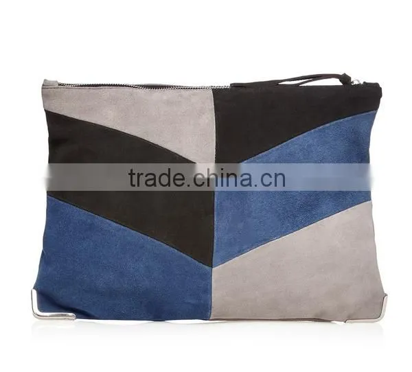 High Quality Navy Suede Colour Block Clutch Bag photo-2