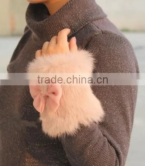 Korea Style Rabbit Fur Hand Wrist Warmers Bow Real Rabbit Fur Cuff
