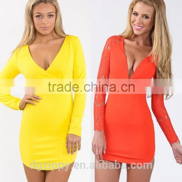 Designer Bodycon Dress Design Deep V Neck Ladies Western Dress Designs Photo With Lace Sleeve photo-2