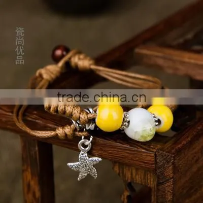 Handmade Vintage Porcelain Beads Bracelet Leather Woven Bracelets photo-2