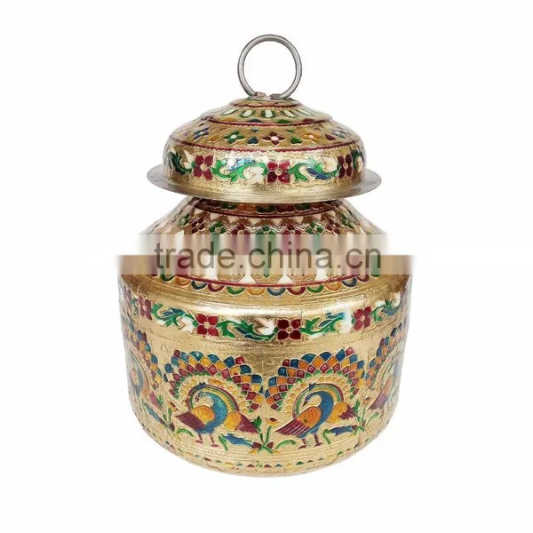 PEACOCK DESIGNED, MEENAKARI DECORATED, SMALL STAINLESS STEEL WATER POT - 8"x8"x8.5" INCH