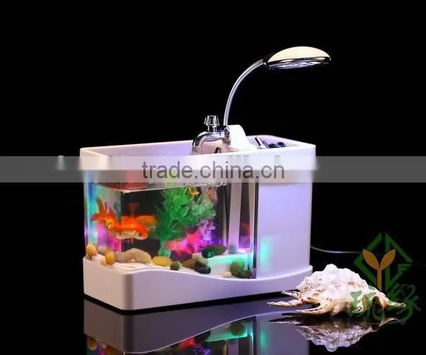 Mini USB Fish Tank With Multi-functions LED Light & Pen Container & Perpetual Calender USB Desk Aquariums With Lamp photo-4