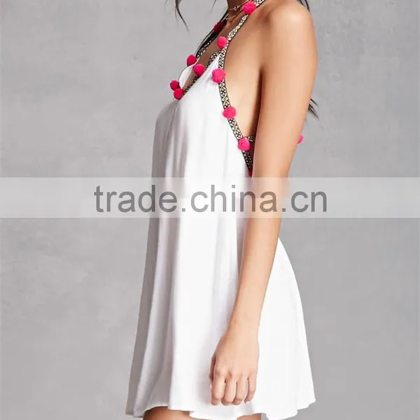 Good Quality V-neckline Embroidered Detailing Pom Pom Halter Dress photo-2