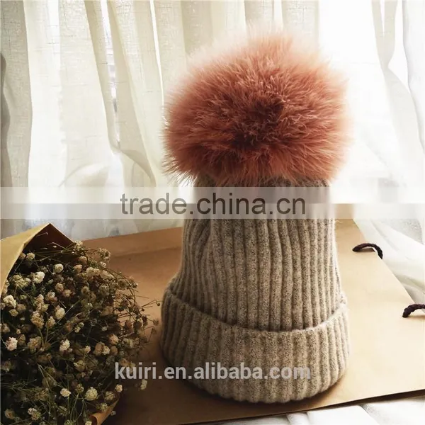 Real Fur Pompom Winter Hats For Women Cashmere Wool Knit Beanie Cap Turkey Fur Pom Bobble Hat 2016 photo-5