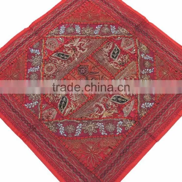 Large Square Pillow Sham - Red Zari Embroidery Peacock Floor Cushion 26 Inch photo-2