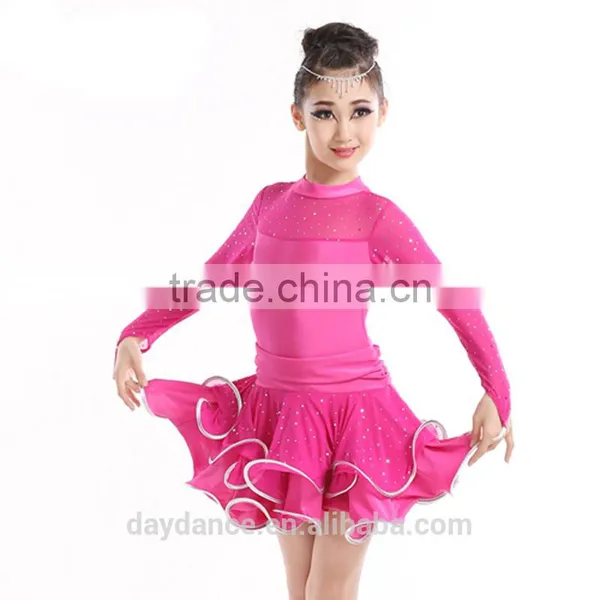 2016 New Fashion Girls High Neck Long Sleeve Performance Dress Child Kids Rhinstone Sequin Mesh Sexy Latin Dance Dress photo-4