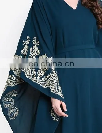 Women V-Neck Blue Abaya Muslim Dress With Embroidery photo-4