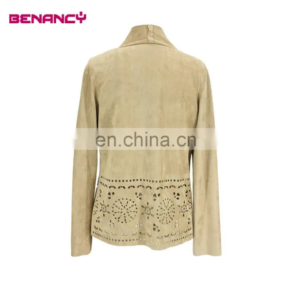 Laser Cut Suede Women Cardigan Office Wear photo-3