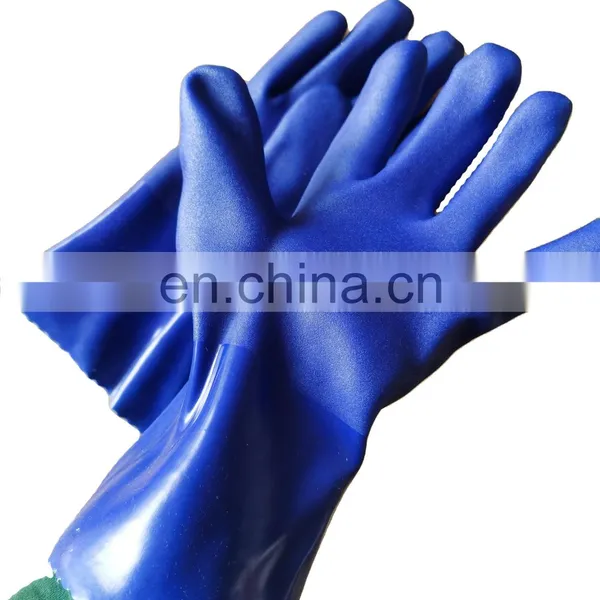 Chemical Resistant Sandy Coated Anti Slip Cotton Interlock Liner Long Cuff PVC Dipped Glove photo-4