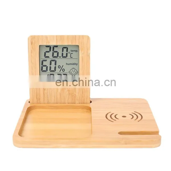 Three in One Bedside Table Wireless Charging Station Planner Pad Ipad Holder Temperature and Humidity Weather Clock Bamboo Set photo-4