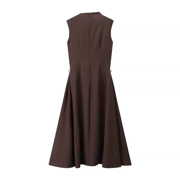 Summer New Women's Clothing European and American Sweet and Fresh Pure Color Sleeveless Elegant High Waisted Round Neck Dress photo-5
