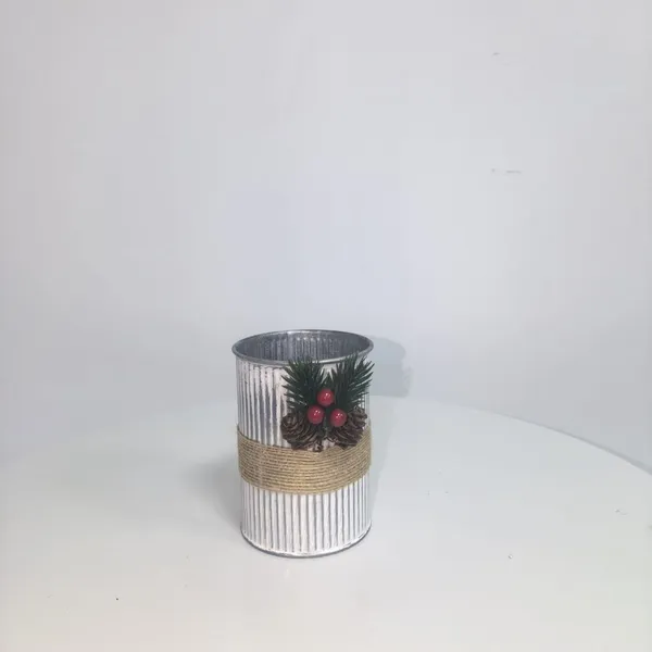 White Distressed Corrugated Metal Christmas Vase With Jute Band, Pine Cone & Red Berry Decor
