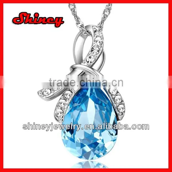 Stock Order !cheap Bling 925 Sterling Silver Ocean Blue Water Drop Crystal Paved Fashion Necklace Wholesale