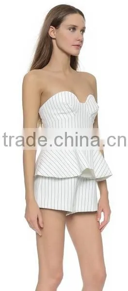 Women Strapless Bright Stripped Pleated Deign Short Jumpsuit With Plastic Bones Inside Visible Back photo-3