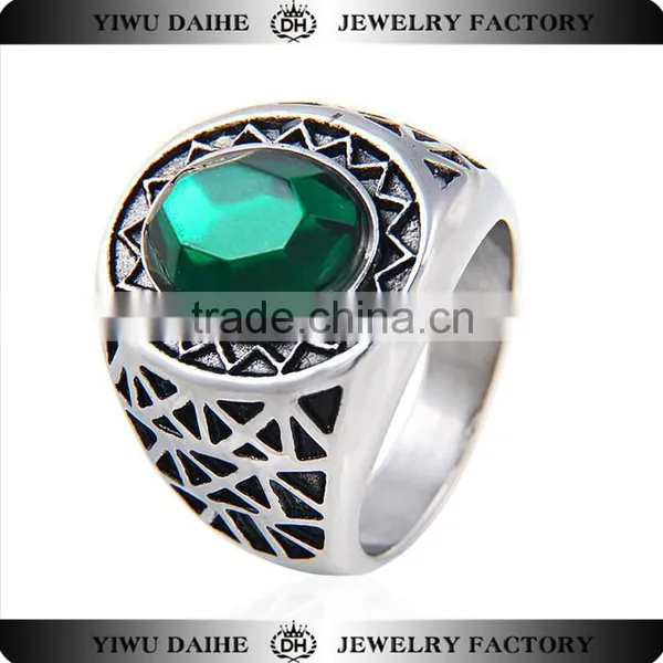 Big Green Crystal Stone Design White K Plated Stainless Steel Ring