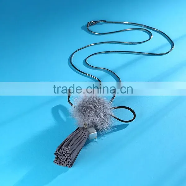 Autumn Winter Mink Hair Ball Pendant Necklace Velvet Tassel Long Necklace Long Sweater Necklace photo-3