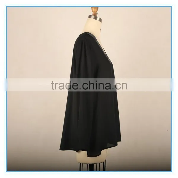 Black Simple Beaded Design Ladies New Fashion V Neck Chiffon Blouse 2016 photo-2