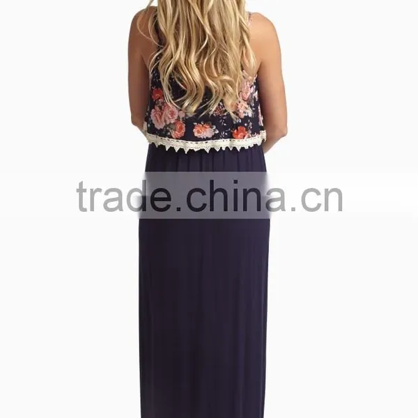 New Style Navy Blue Floral Overlay Maternity Clothes Maxi Dress Wholesale photo-4