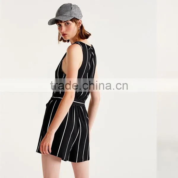 2017 Hot Sale V-neck Short Women Cotton Striped Jumpsuit photo-2