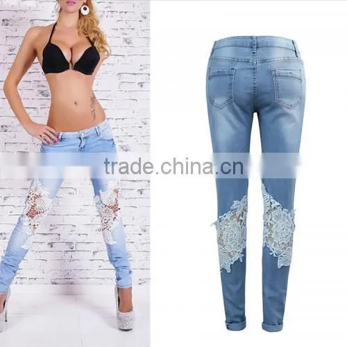 High Waist Girls Jeans Hollow Lace Patchwork Light Blue New Women Sex Pants photo-3