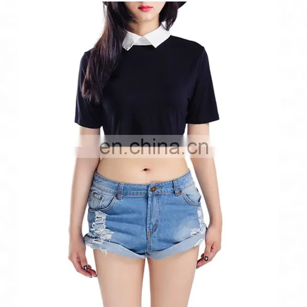 Black Plain Loose Womens Cropped T Shirt Black Blank Girls Crop Top Wholesale Cropped Short Sleeve t Shirt