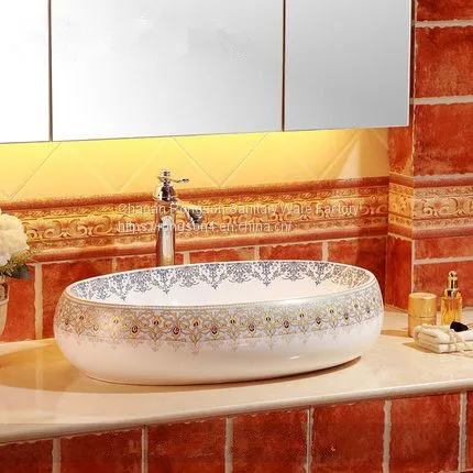 Hotel Bathroom Wash Sink Modern Gold New Round Big Size Pattern Electroplated Ceramic Washing Basin photo-5