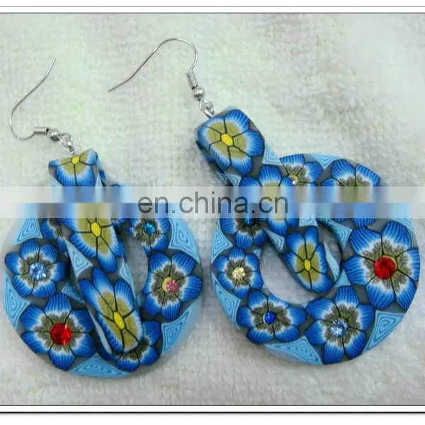 Blue Round Polymer Clay Earring With Flower