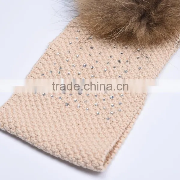 Girls Cotton Knitted Head Band With Beads Raccoon Fur Ball Heaad Band KZ160089 photo-5
