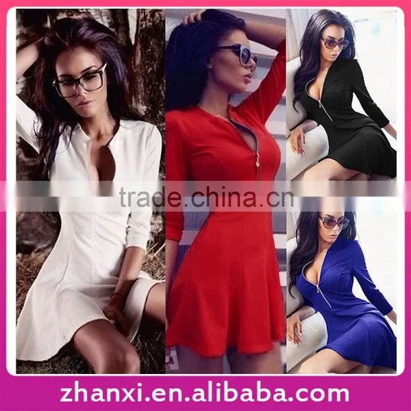 3/4 Sleeve Zipper Women Fashion Slim Fit Girls Black Frock White Cheap Red Short Dress