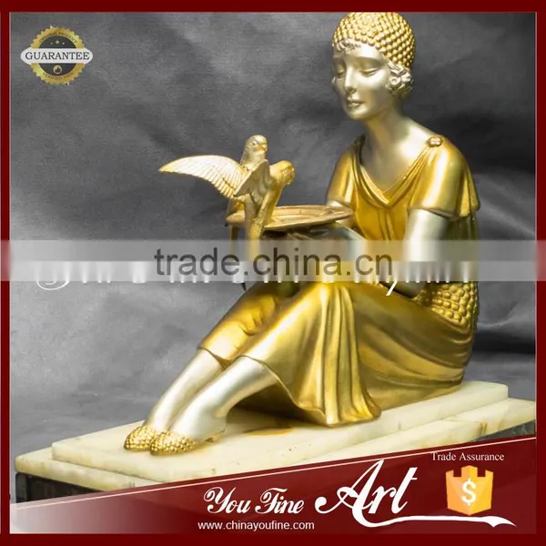 Hold Bird Bronze Golden Sitting Girl Sculpture photo-3
