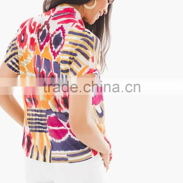 Women's Short Sleeve Printed Front Open Blouse Tops photo-3