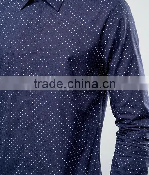 High Quality Long Sleeve Spread Collar Mens Pre-Shrunk 100% Cotton Breathable Slim Fit Casual Navy Point Printed Dress Shirts photo-3