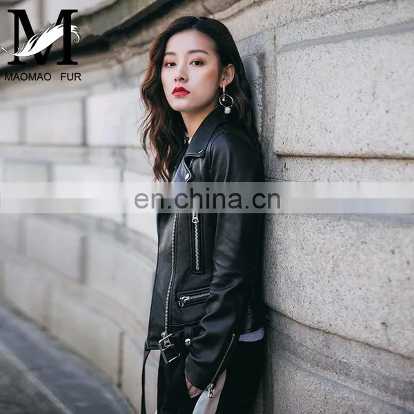 Fashion Cool Zip Front Black Leather Jacket Woman / Real Sheep Skin Jacket Leather / Leather Motorcycle Jacket photo-6