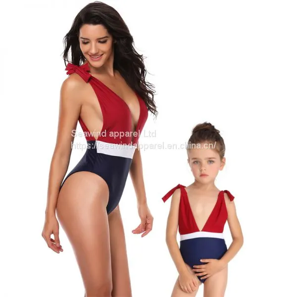 2019 Deep V High Fork Siamese Color Matching Parent-child Swimsuit photo-2