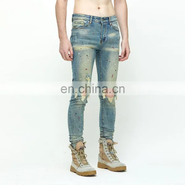 DiZNEW Custom Skiny Splash Paint Splatter Hole Repair Detail Jeans Men photo-2