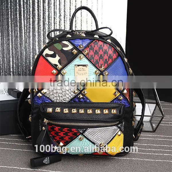 custom stylish hiking pu leather backpack pattern beautiful rivet backpacks for girls