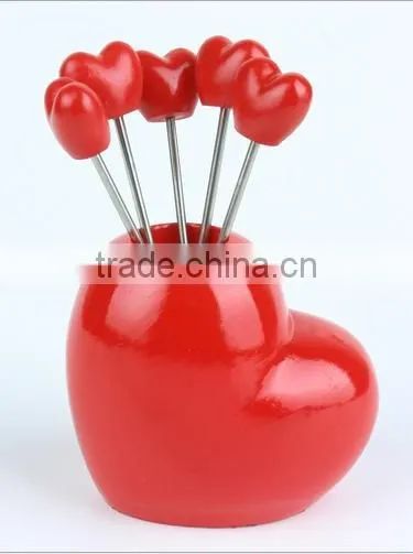 Factory Wholesale Stainless Steel Red Heart Shaped Fuit Fork Set photo-6