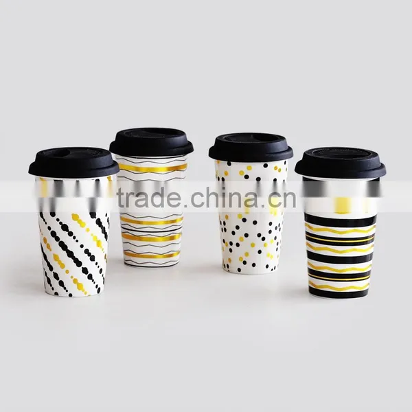 Double Wall Ceramic Coffee To Go Mug for Promotion, Porcelain With Decal Printing& Silicone Lid photo-2