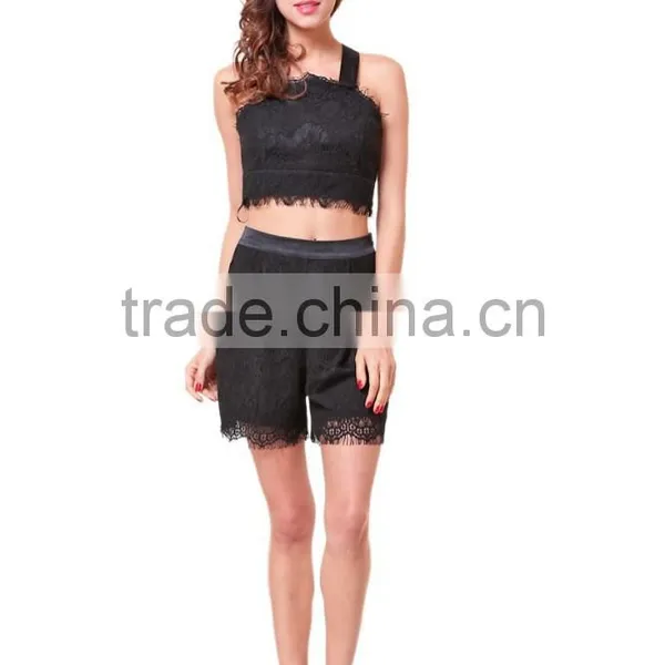 Fashion Design Short Lace Eyelash Hem Ladies Crop Top Set photo-2
