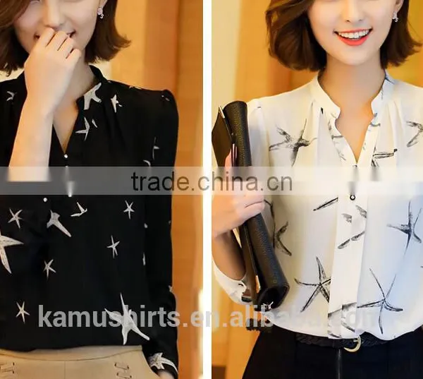 Woman Fashion Desiger Shirts Blouse Mandarin Collar Sexy Chiffon Shirts Tops