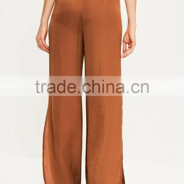 Wholesale Ladies Brown Tie Waist Wide Leg Split Side Pants Women Wide Leg Satin Pants photo-3