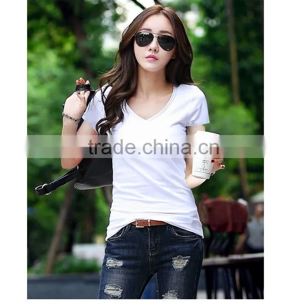 The New Spring and Summer 2017 Han Edition Cultivate One's Morality Show Thin Contracted V-neck ms Pure Color T-shirt With Short photo-3