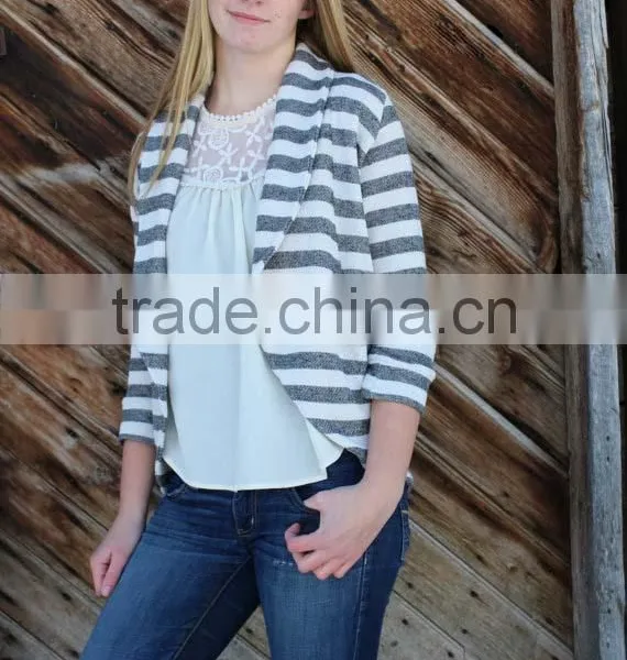 Fitted Cardigan 34 Sleeve in Gray and Natural White Striped French Terry Knit Woman Cardigan 2014