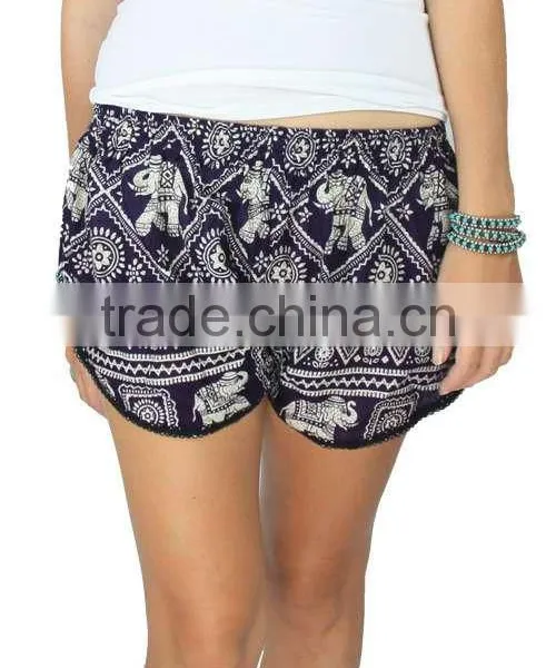 Vintage Bohomian Hippies Gypsy Girls Womens Pom Pom Trimming Shorts Elephant Ethnic Cotton Printed Ladies Viscose Beach Casual photo-5