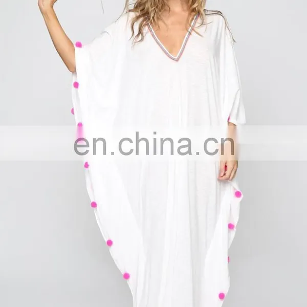 Custom Made White Kaftan Beach Dress Fashion Long Kaftan With Pompom photo-2
