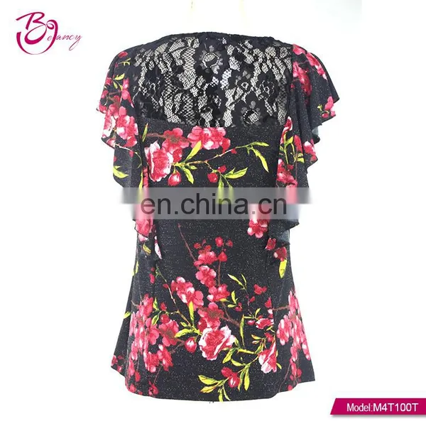 One Piece Two Color Floral Lurex Mesh Print Irregular Sleeve Casual Blouse for Middle Age Woman photo-4